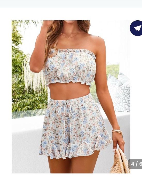 kirundo Tops - Floral Smocked Strapless Crop Top — White/Blue and matching shorts set